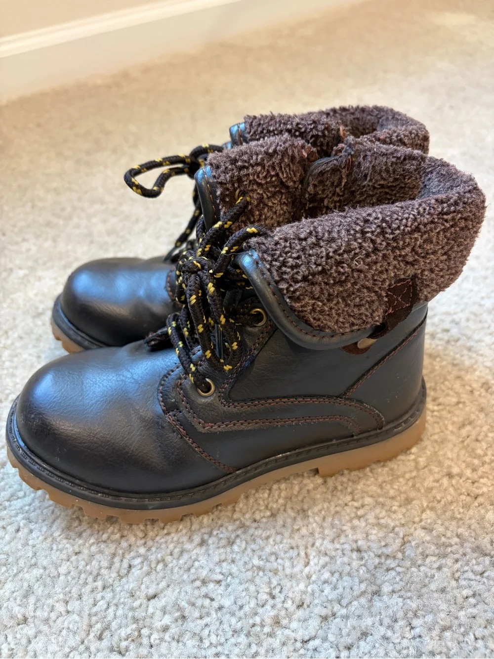 Kids Faux-Fur Collar Brown Outdoor Boots